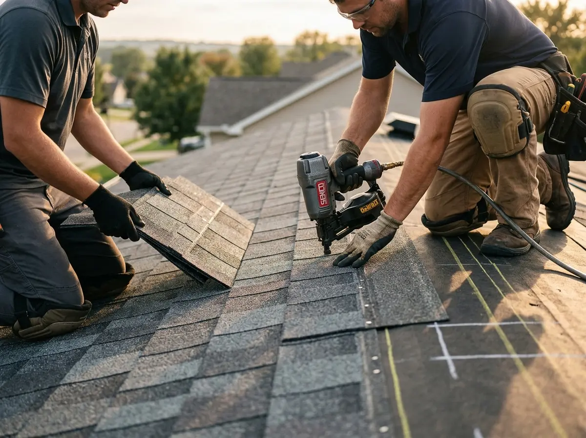 Professional roofer working on a residential roof in Evans